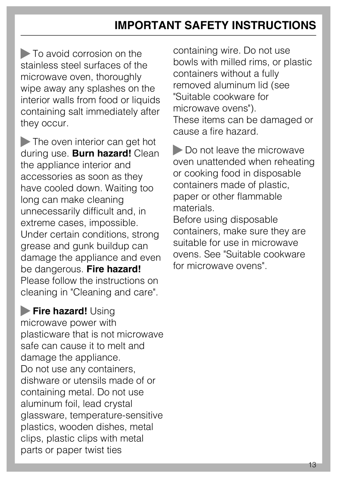 Miele 09 798 350 installation instructions Important Safety Instructions, These items can be damaged or cause a fire hazard 