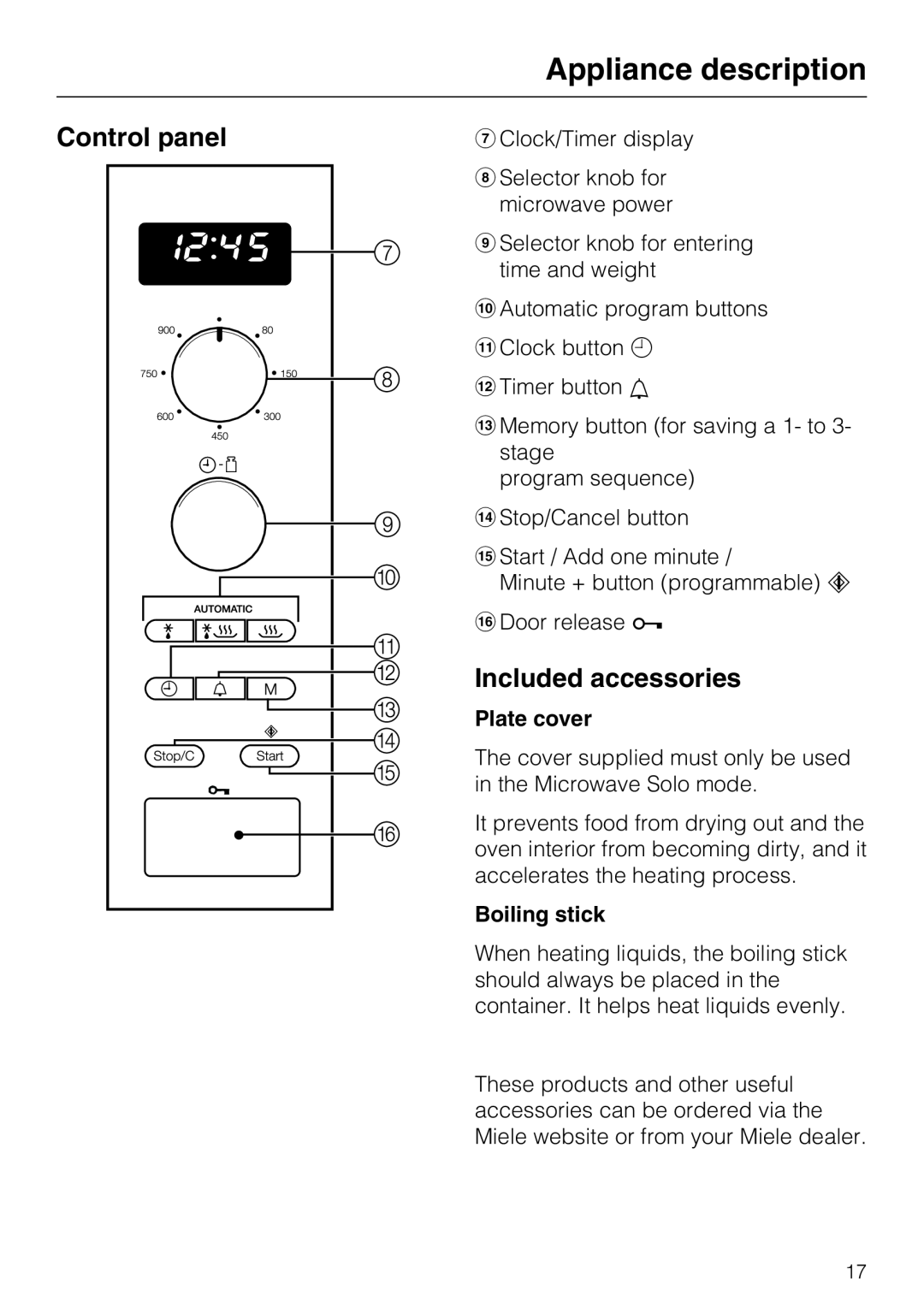Miele 09 798 350 Appliance description, Control panel, Included accessories, Plate cover, Boiling stick 