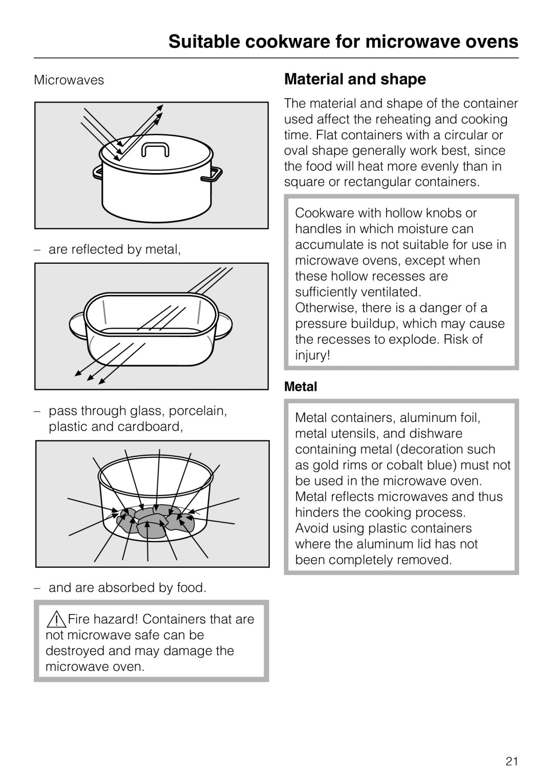 Miele 09 798 350 installation instructions Suitable cookware for microwave ovens, Material and shape, Metal 
