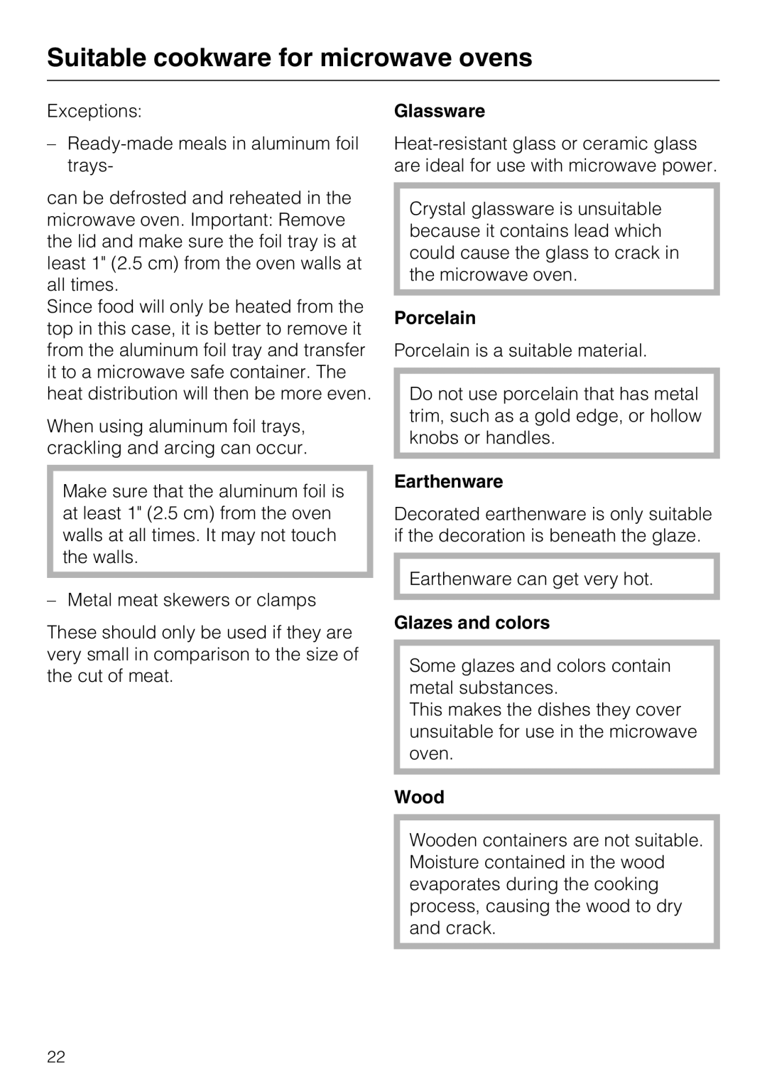 Miele 09 798 350 Suitable cookware for microwave ovens, Glassware, Porcelain, Earthenware, Glazes and colors, Wood 