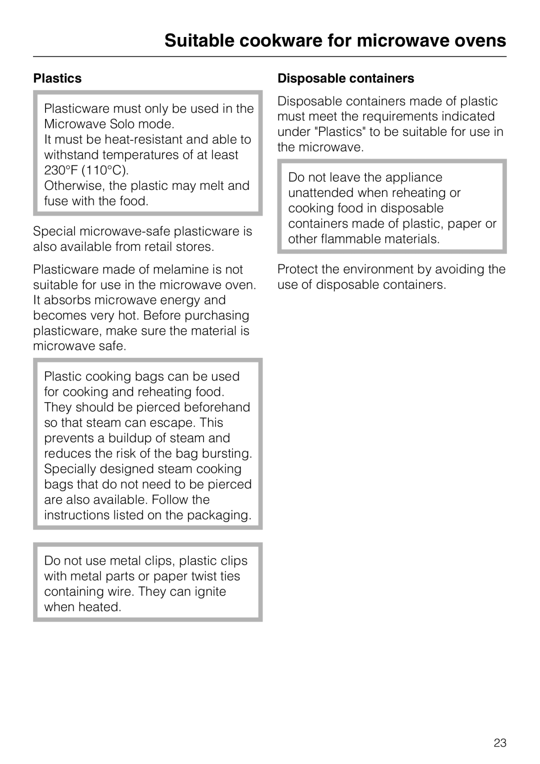 Miele 09 798 350 installation instructions Suitable cookware for microwave ovens, Plastics, Disposable containers 