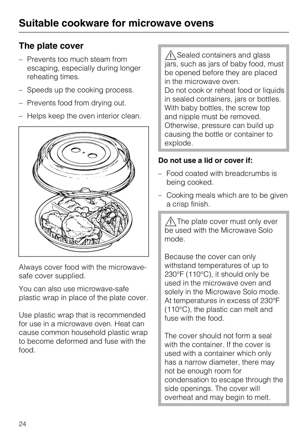 Miele 09 798 350 The plate cover, Suitable cookware for microwave ovens, Do not use a lid or cover if 