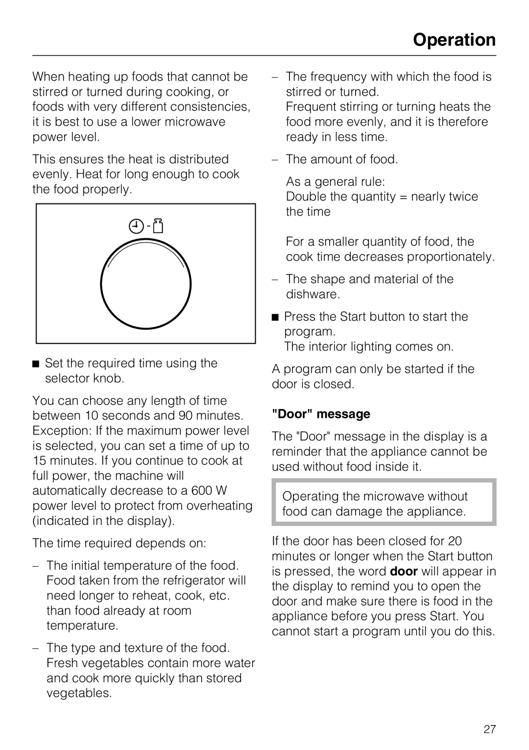 Miele 09 798 350 installation instructions Operation, Door message 