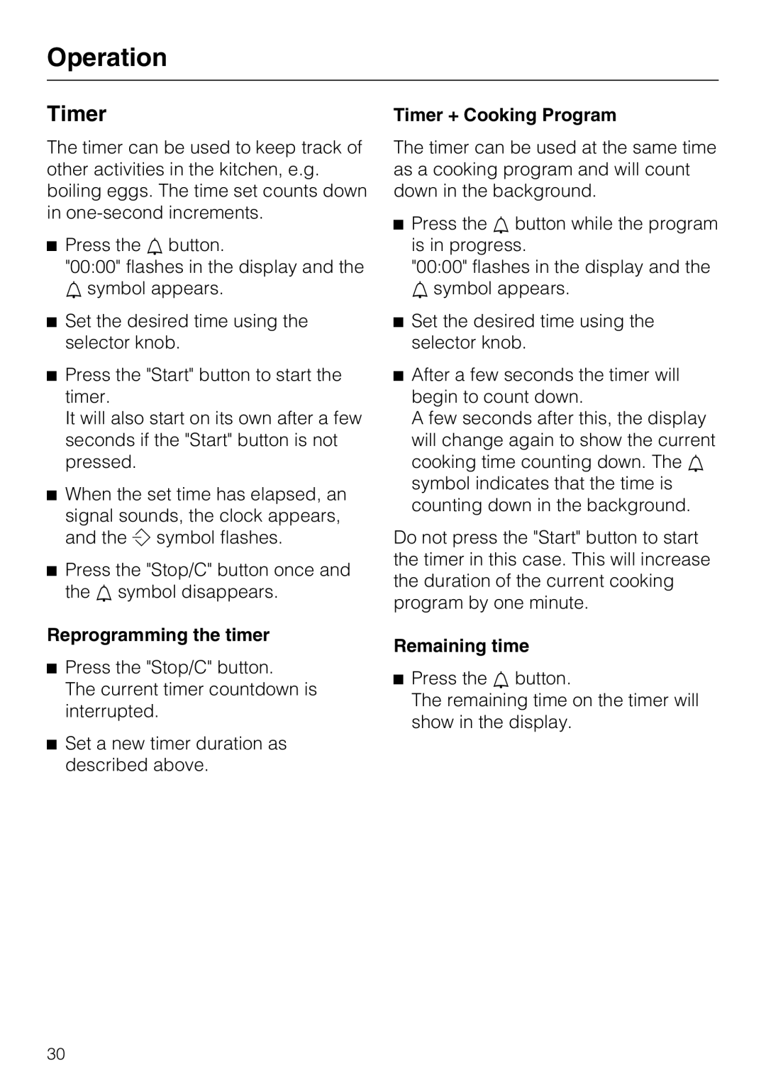 Miele 09 798 350 installation instructions Operation, Reprogramming the timer, Timer + Cooking Program, Remaining time 