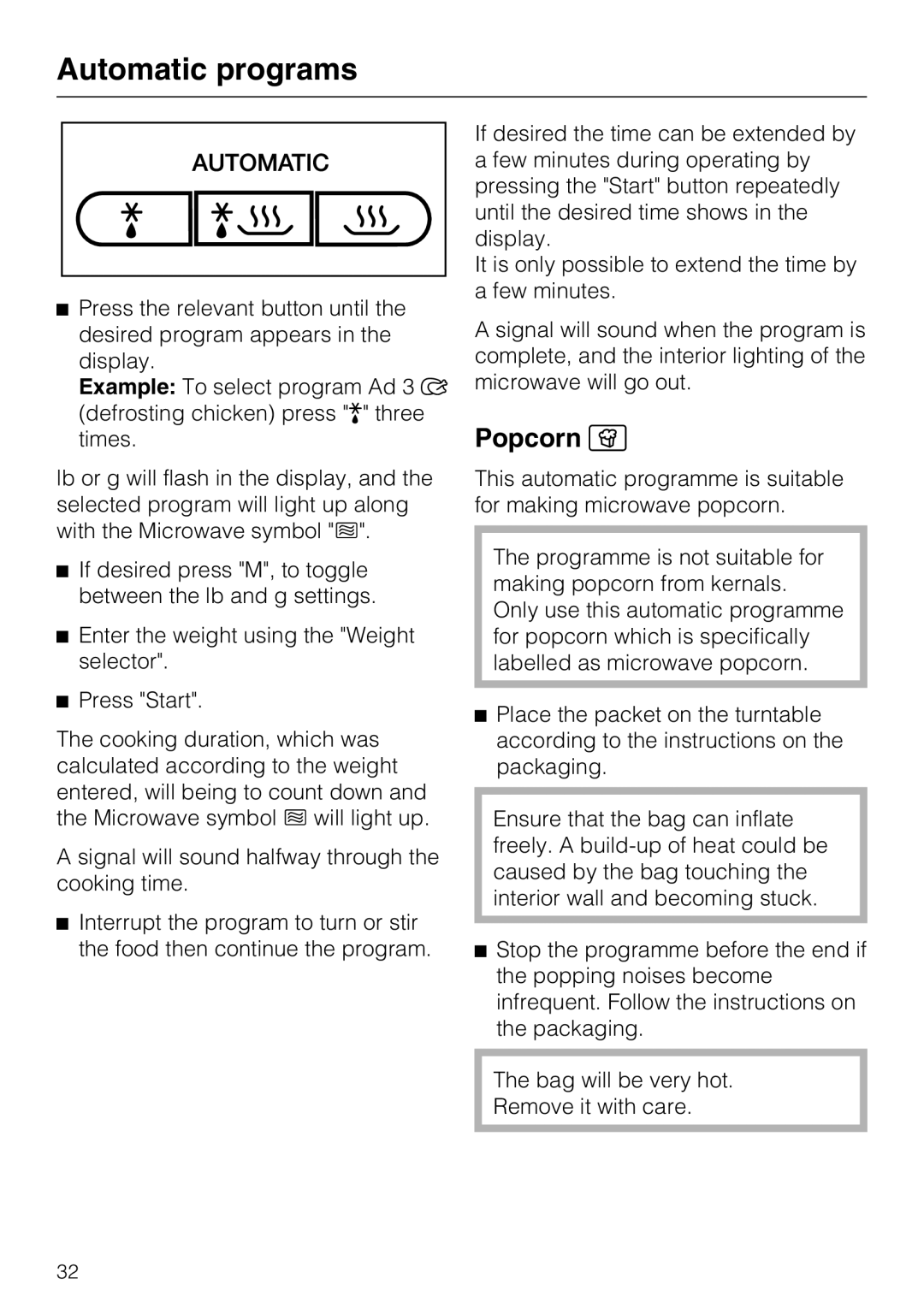 Miele 09 798 350 installation instructions Popcorn, Automatic programs 