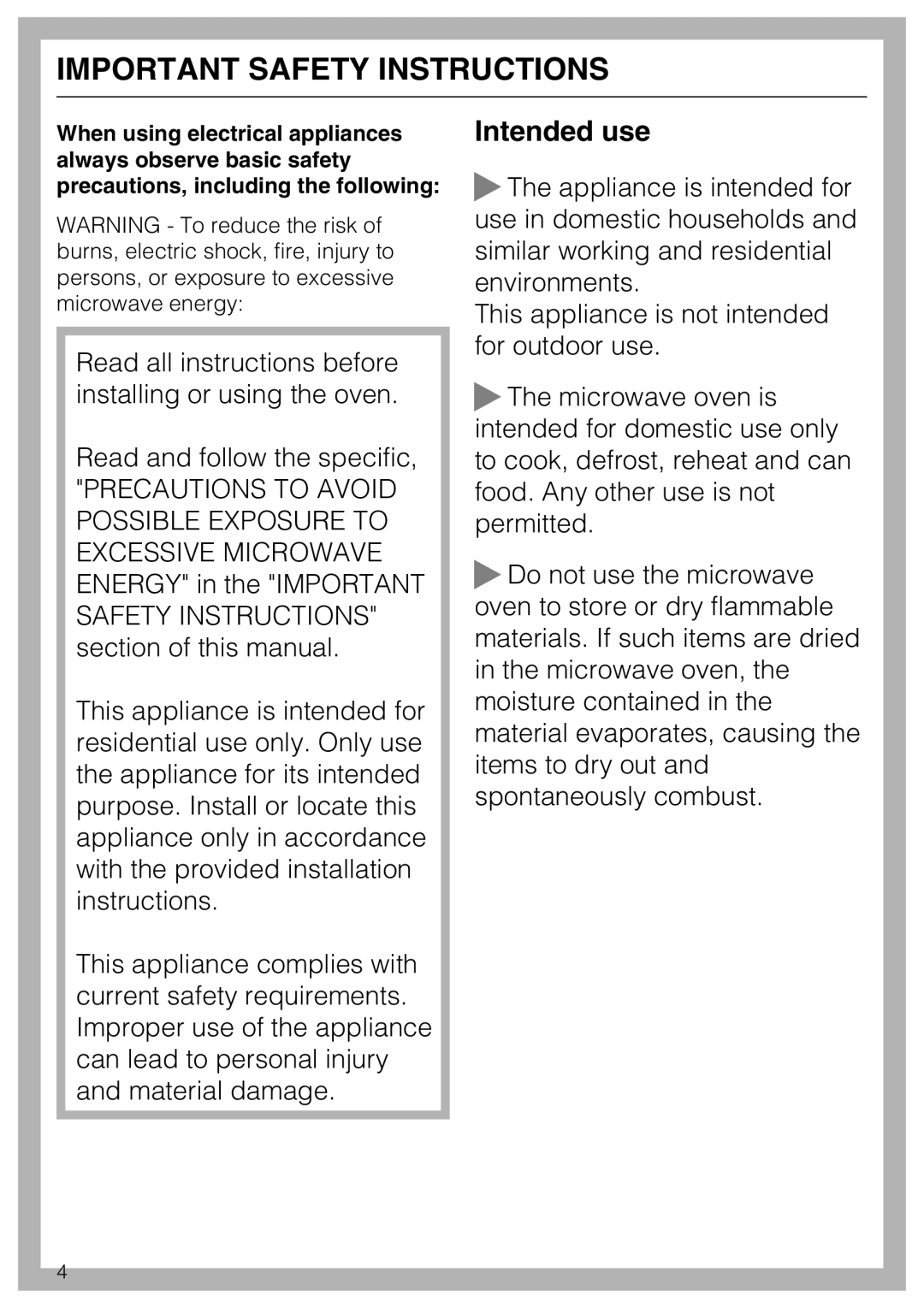 Miele 09 798 350 installation instructions Important Safety Instructions, Intended use 
