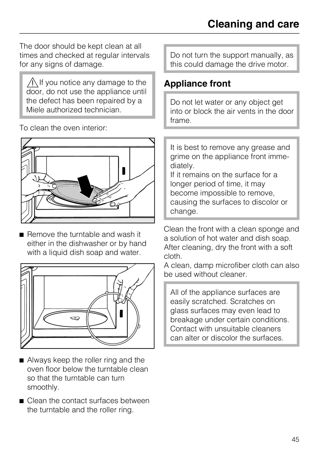 Miele 09 798 350 installation instructions Appliance front, Cleaning and care 