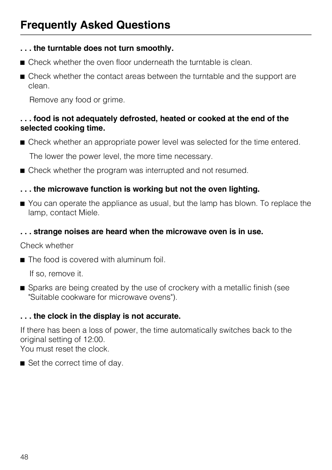 Miele 09 798 350 installation instructions Frequently Asked Questions, the turntable does not turn smoothly 