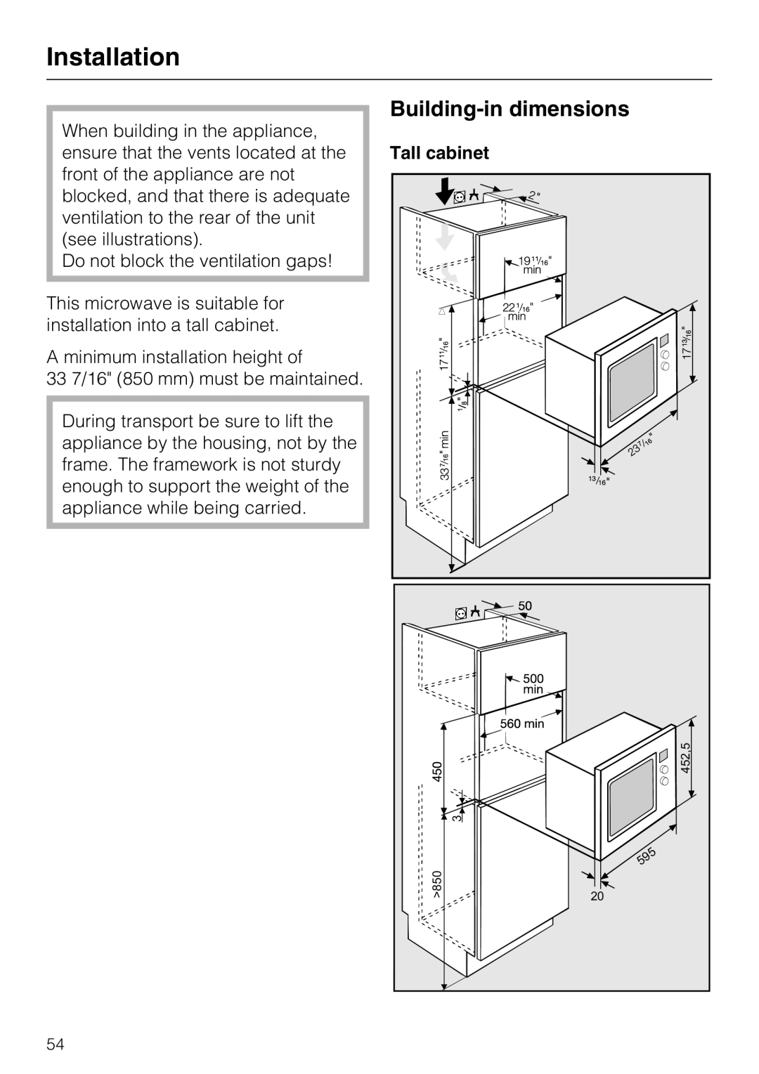 Miele 09 798 350 installation instructions Installation, Building-indimensions, Tall cabinet 