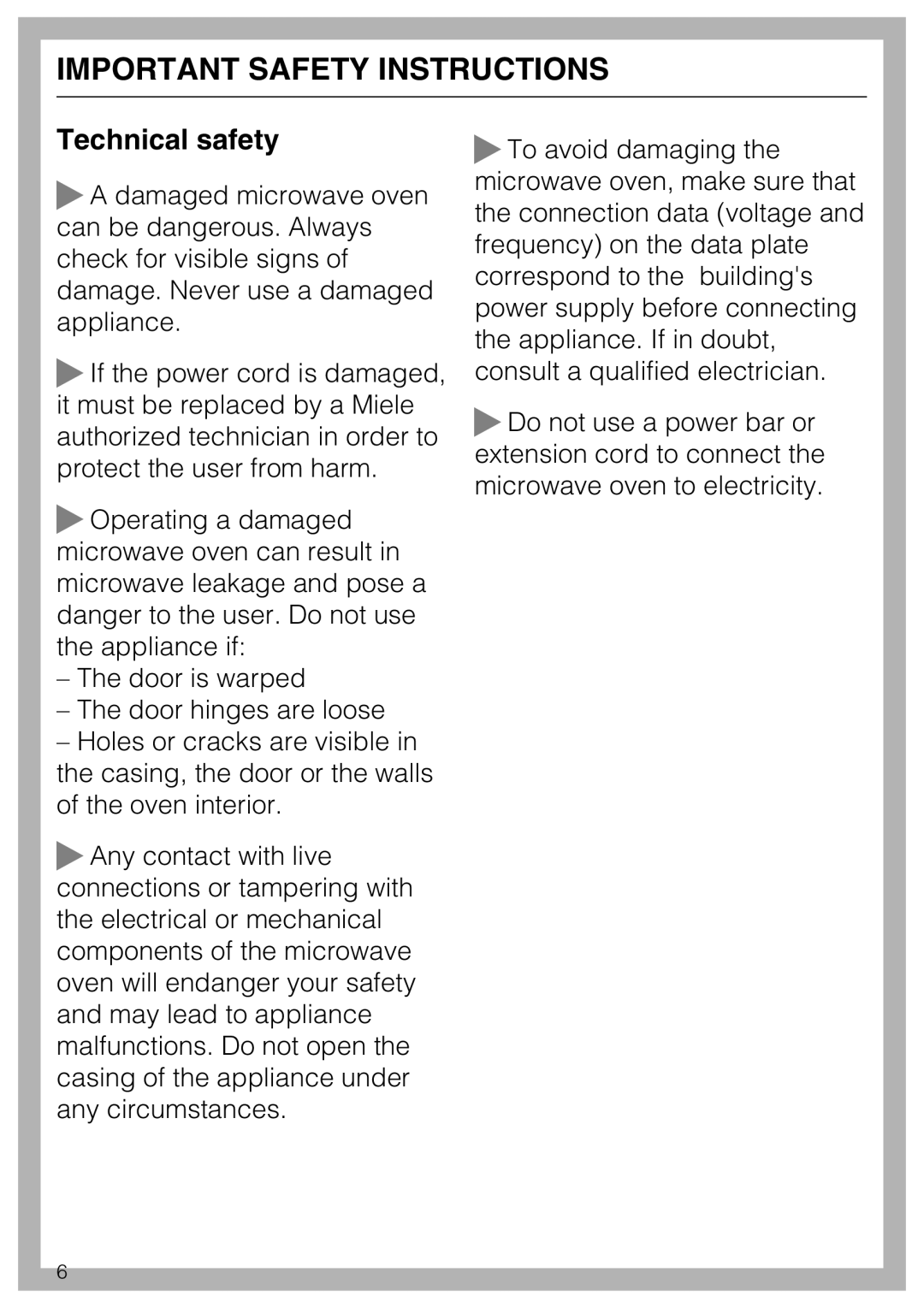 Miele 09 798 350 installation instructions Technical safety, Important Safety Instructions 