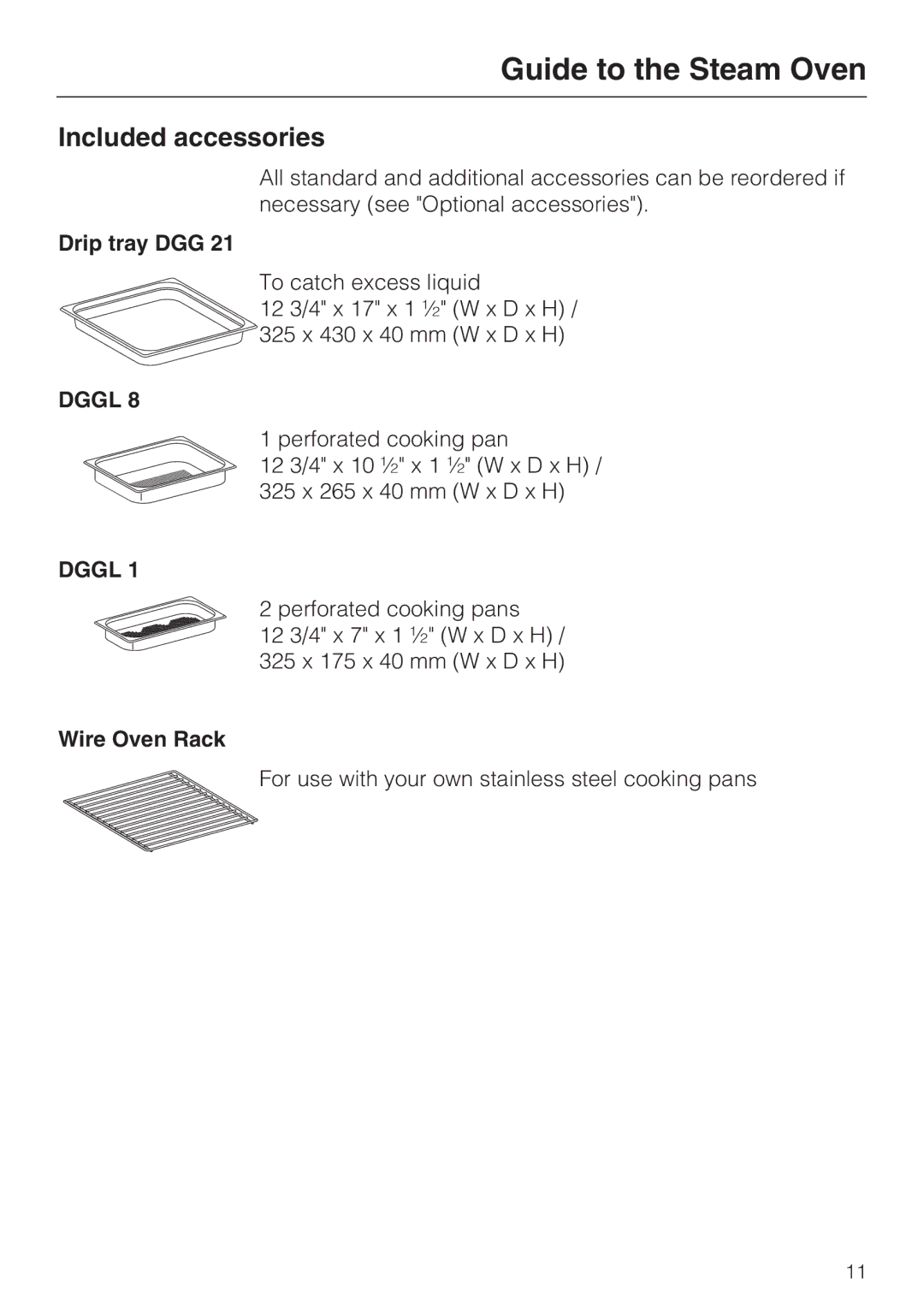 Miele 09 800 830 installation instructions Included accessories, Drip tray DGG, Wire Oven Rack 