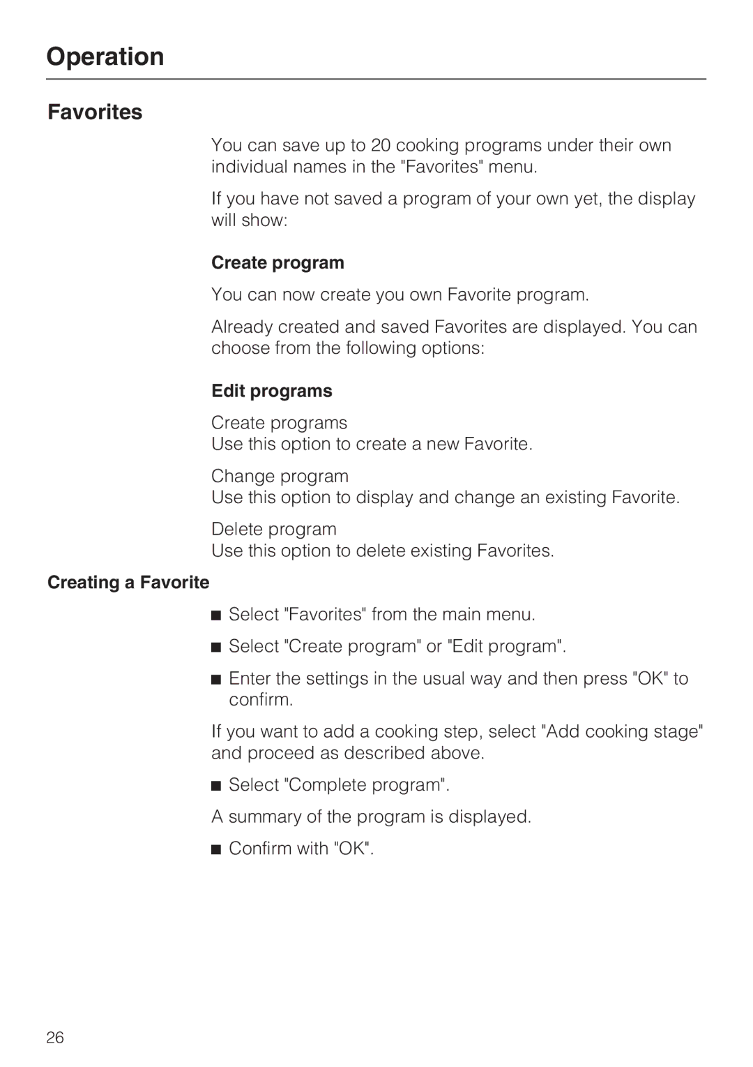 Miele 09 800 830 installation instructions Favorites, Create program, Edit programs, Creating a Favorite 