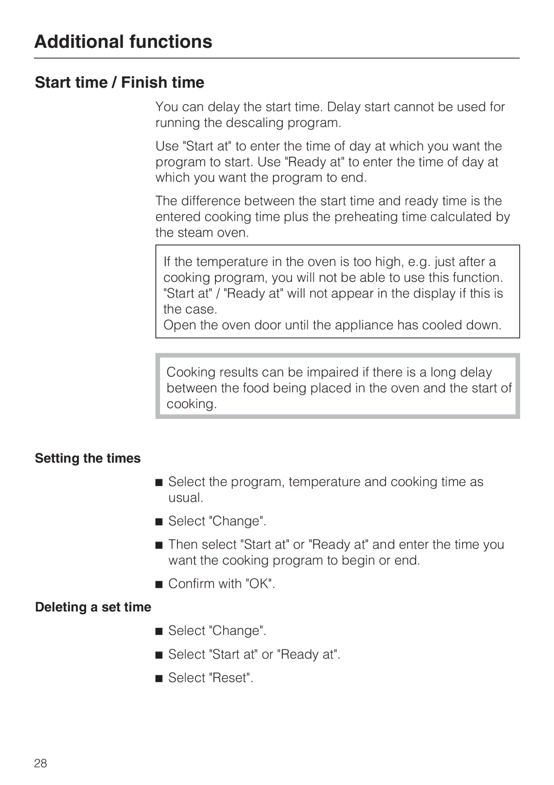 Miele 09 800 830 Additional functions, Start time / Finish time, Setting the times, Deleting a set time 