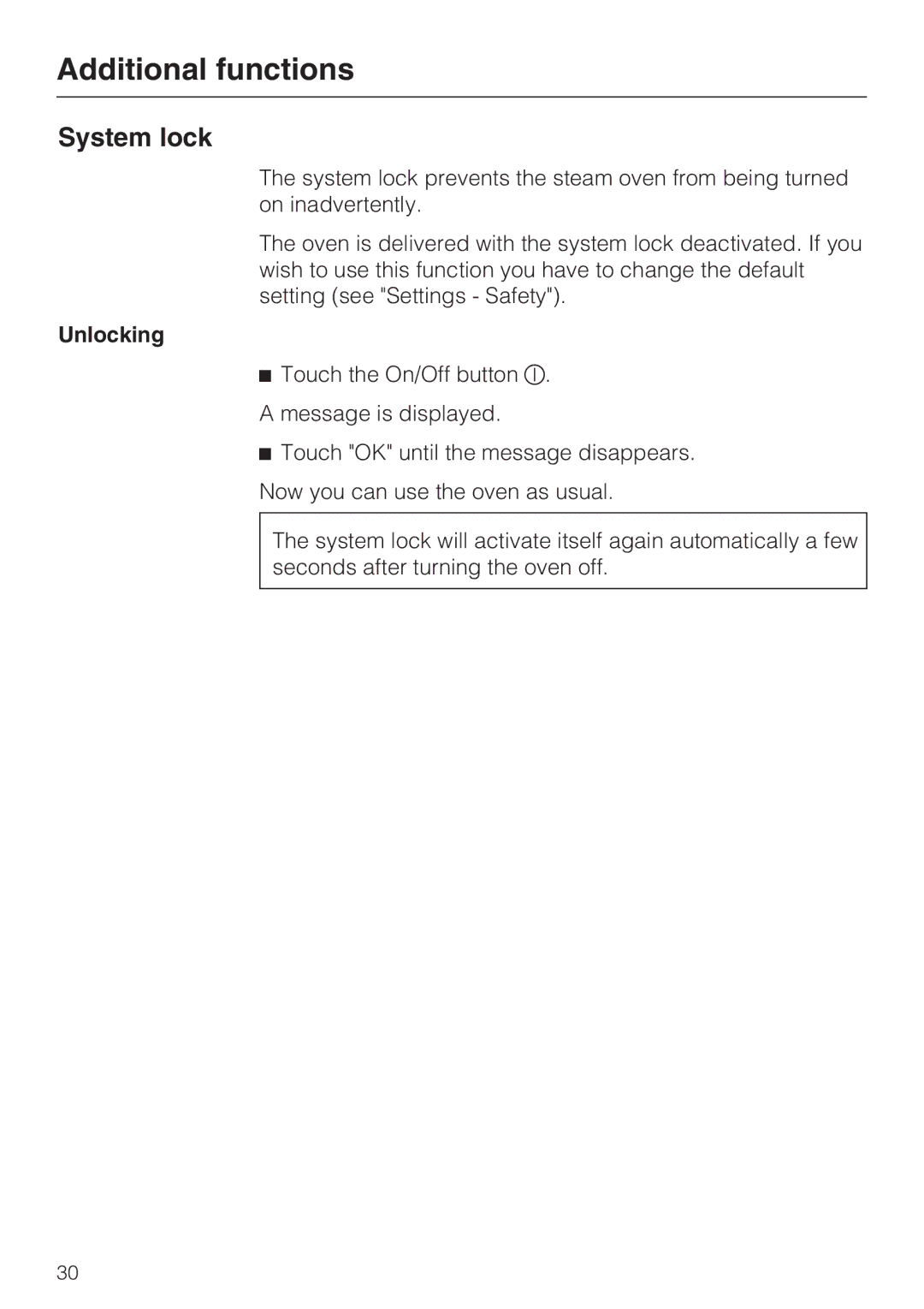 Miele 09 800 830 installation instructions System lock, Unlocking 