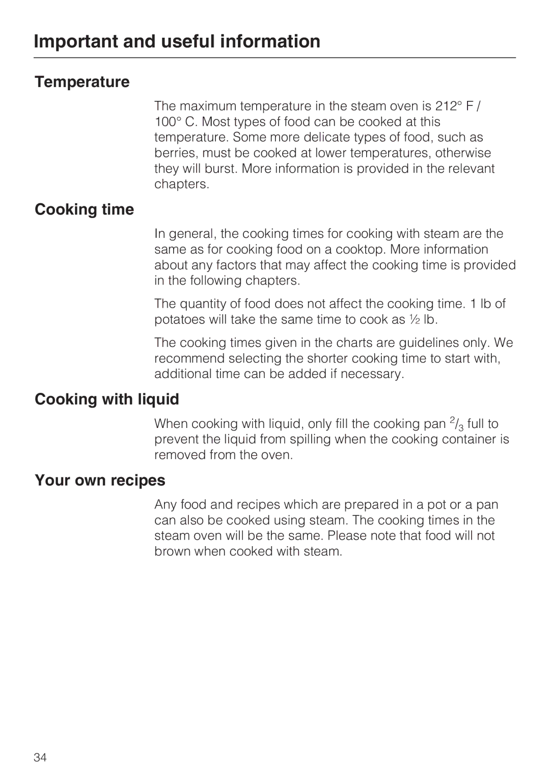 Miele 09 800 830 installation instructions Cooking time, Cooking with liquid, Your own recipes 