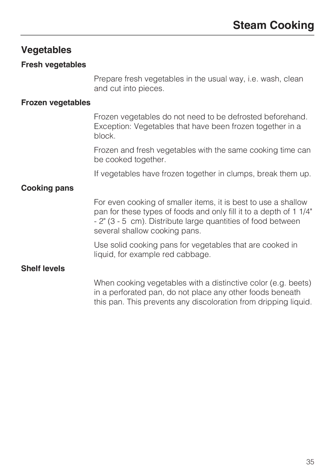 Miele 09 800 830 installation instructions Steam Cooking, Vegetables, Fresh vegetables, Frozen vegetables, Shelf levels 