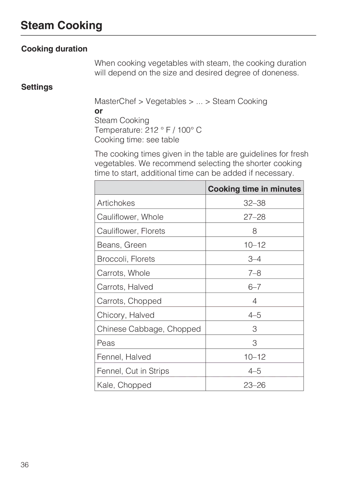 Miele 09 800 830 installation instructions Cooking duration, Cooking time in minutes 