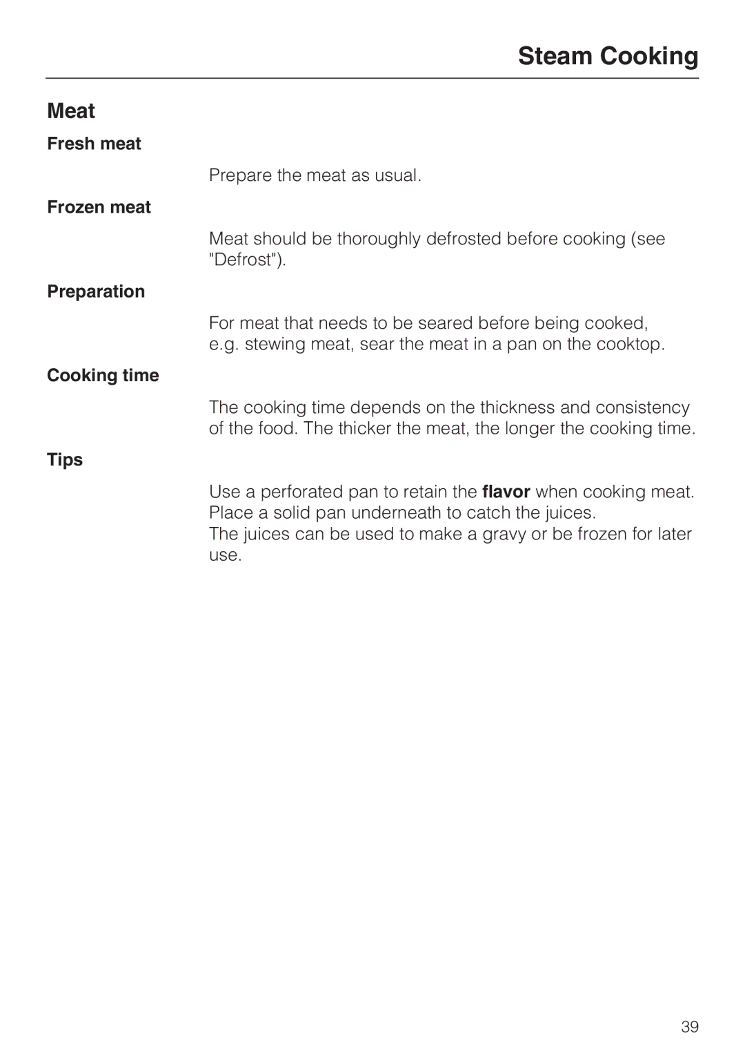 Miele 09 800 830 installation instructions Meat, Fresh meat, Frozen meat, Preparation, Tips 