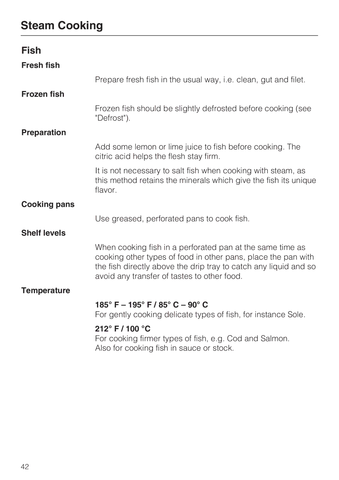 Miele 09 800 830 installation instructions Fish, Fresh fish, Frozen fish, Temperature 195 F / 85 C 90 C, 212 F / 100 C 