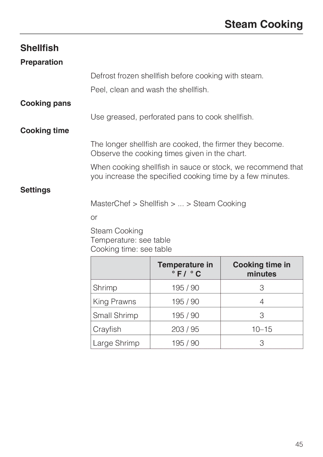 Miele 09 800 830 installation instructions Shellfish, Preparation 