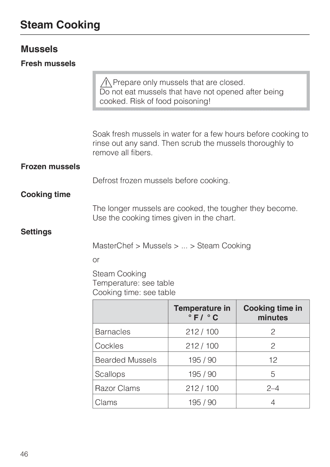 Miele 09 800 830 installation instructions Mussels, Fresh mussels, Frozen mussels 