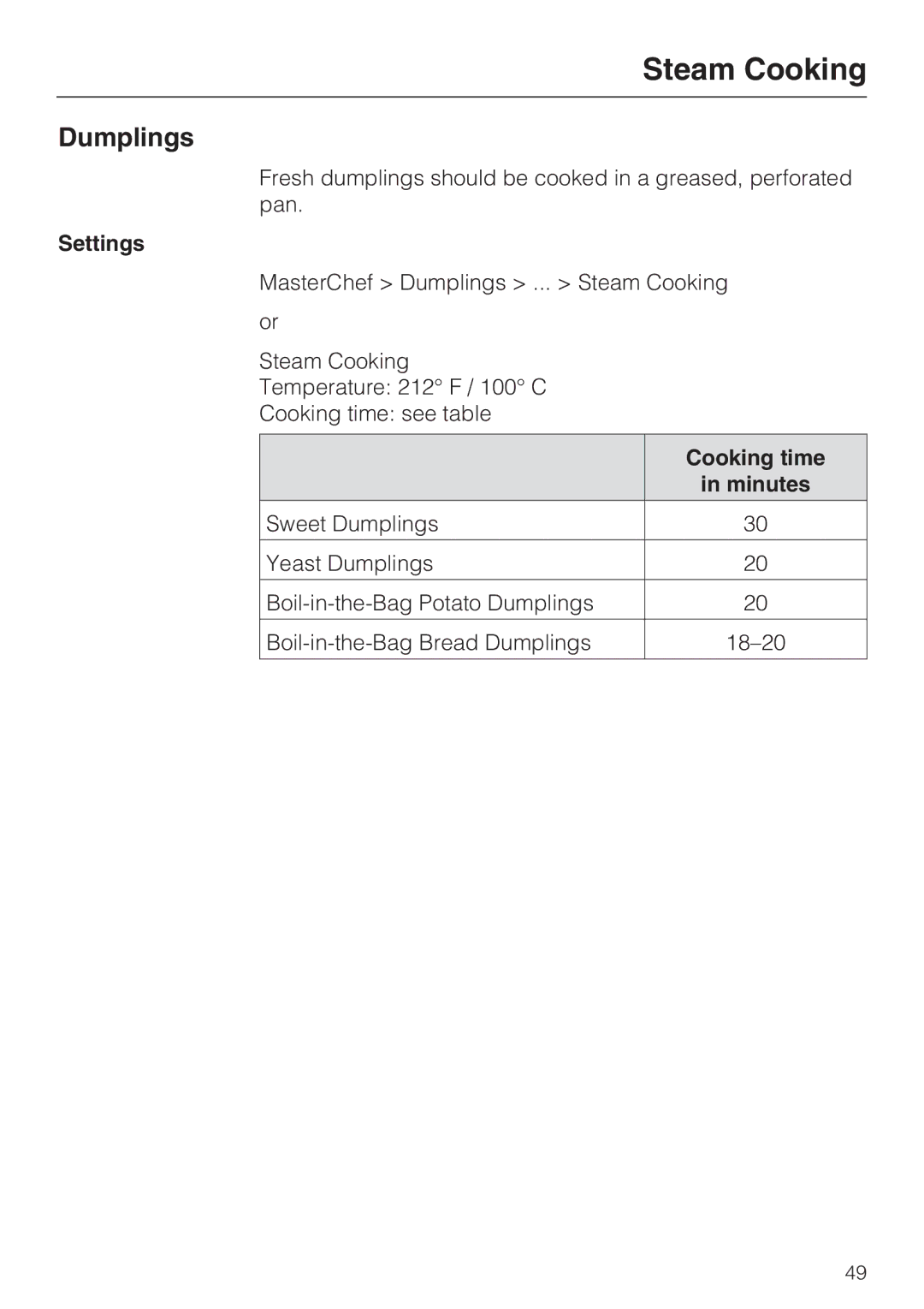 Miele 09 800 830 installation instructions Dumplings 