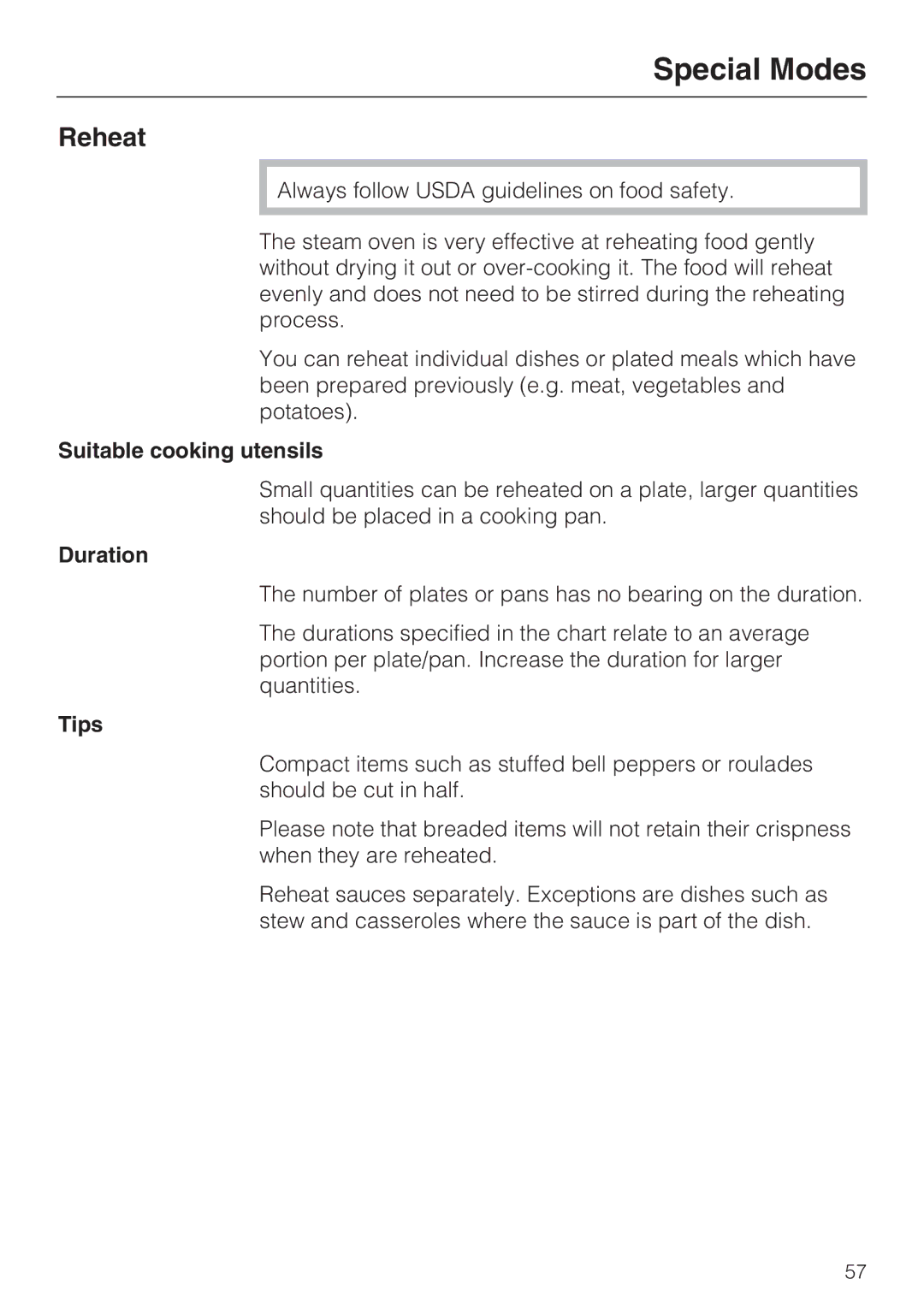 Miele 09 800 830 installation instructions Special Modes, Reheat, Suitable cooking utensils, Duration 