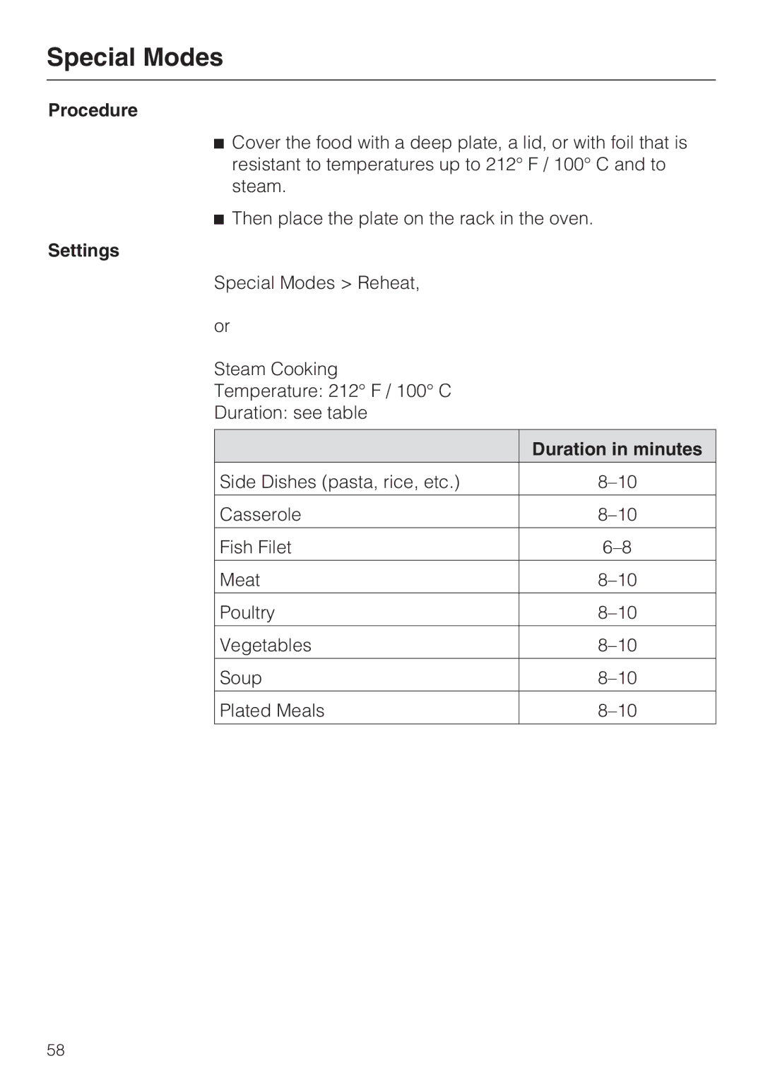 Miele 09 800 830 installation instructions Procedure, Duration in minutes 