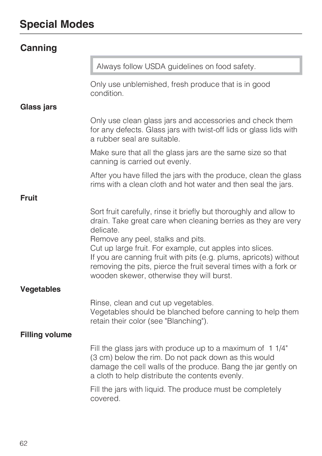 Miele 09 800 830 installation instructions Canning, Glass jars, Filling volume 