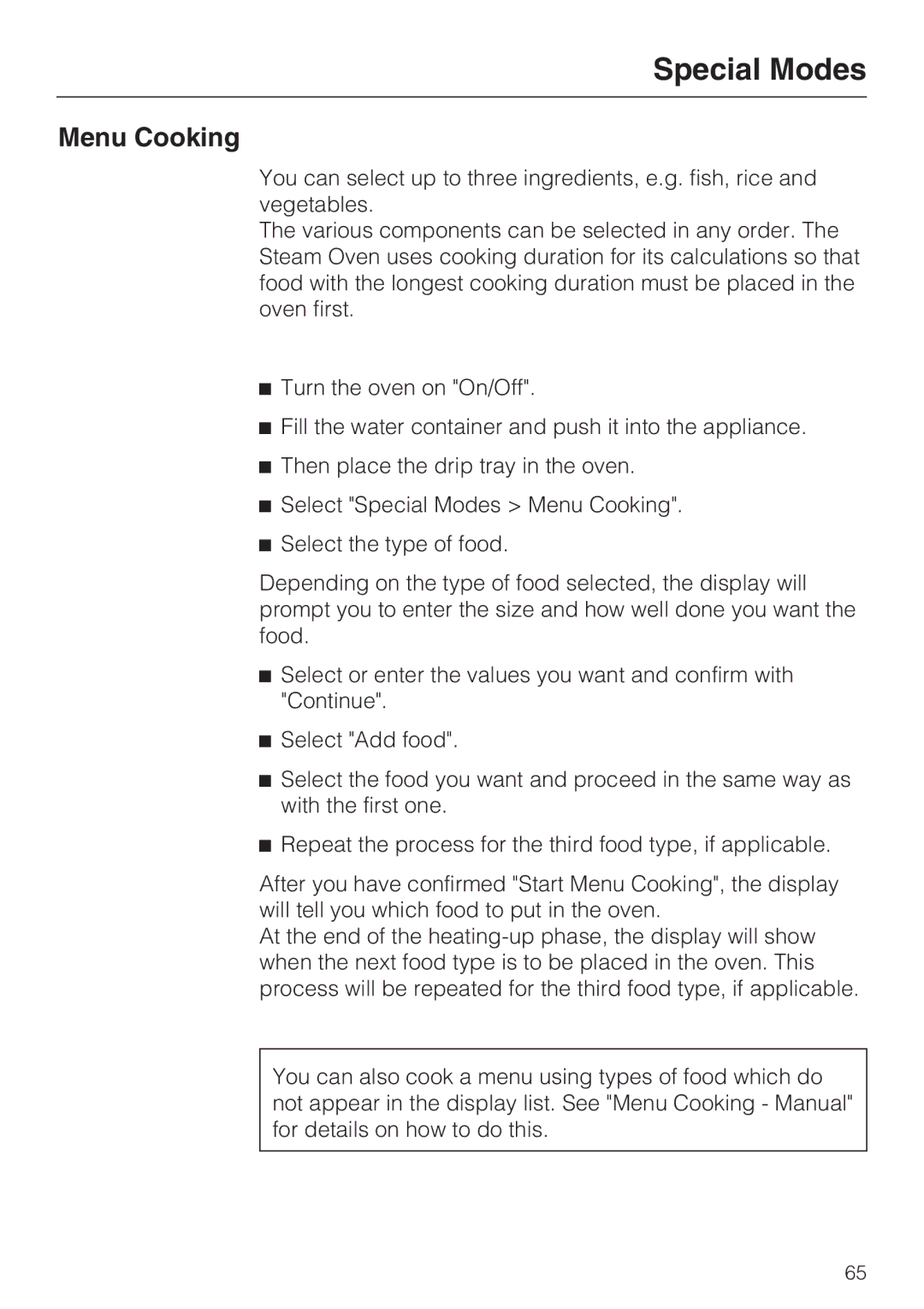 Miele 09 800 830 installation instructions Menu Cooking 