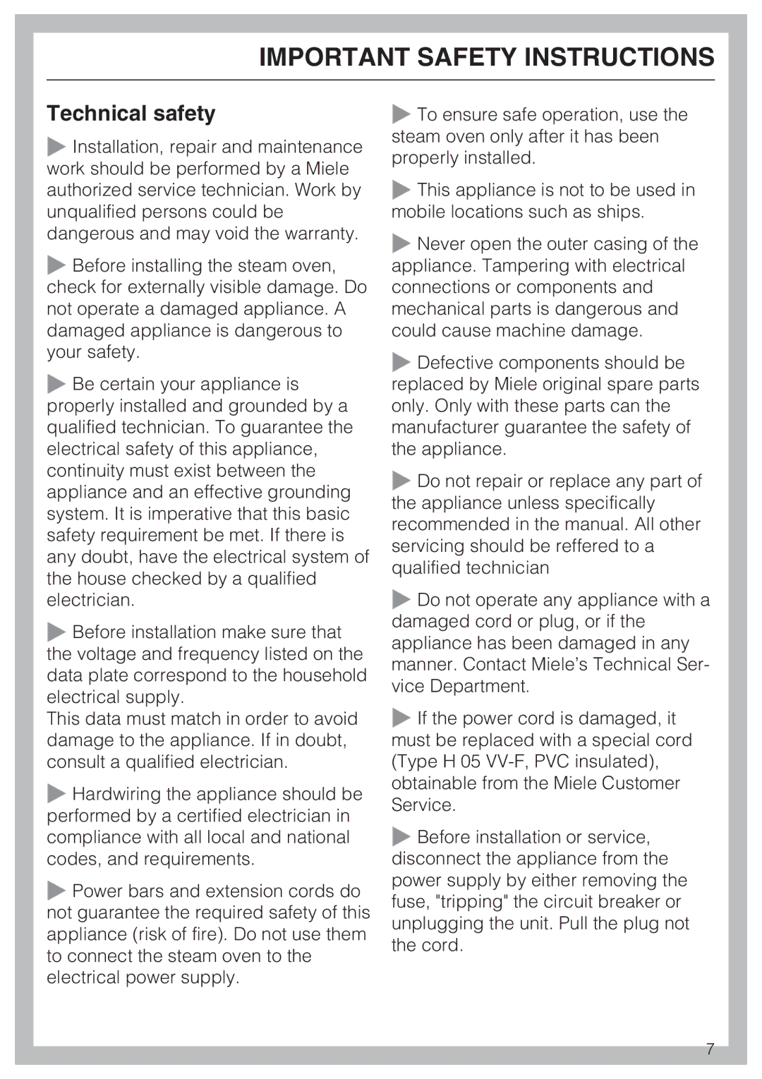 Miele 09 800 830 installation instructions Technical safety 