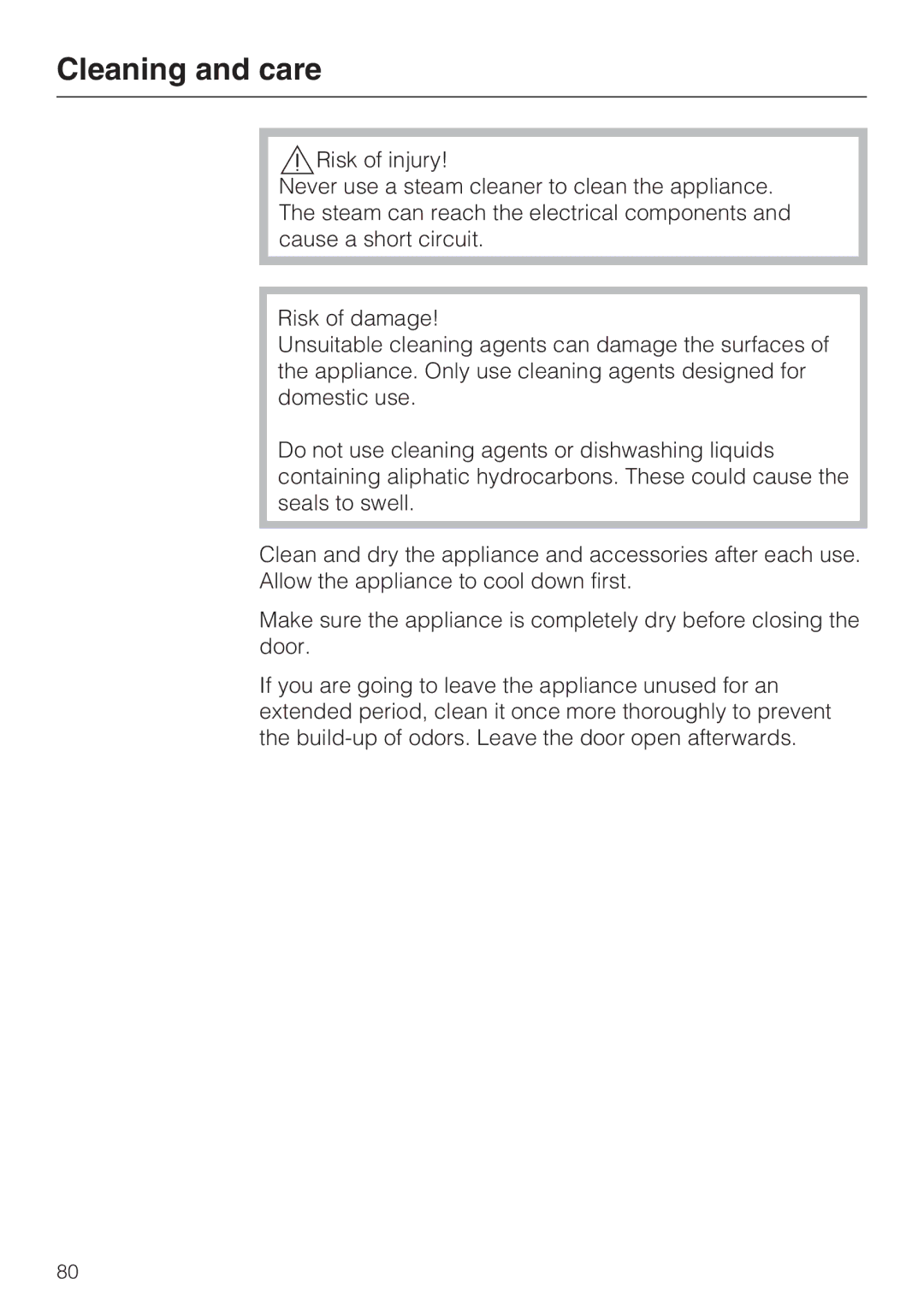 Miele 09 800 830 installation instructions Cleaning and care 