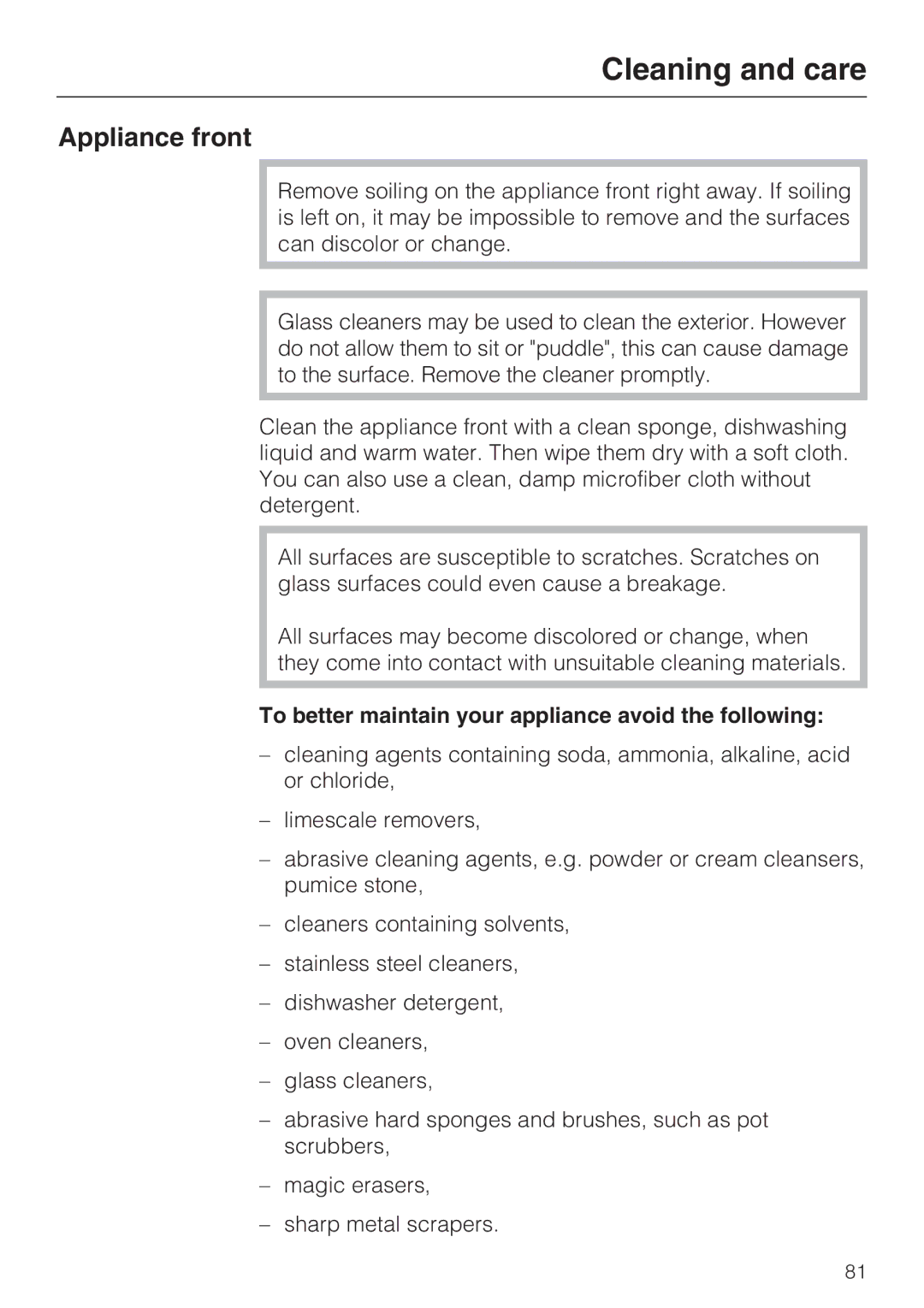 Miele 09 800 830 installation instructions Appliance front, To better maintain your appliance avoid the following 