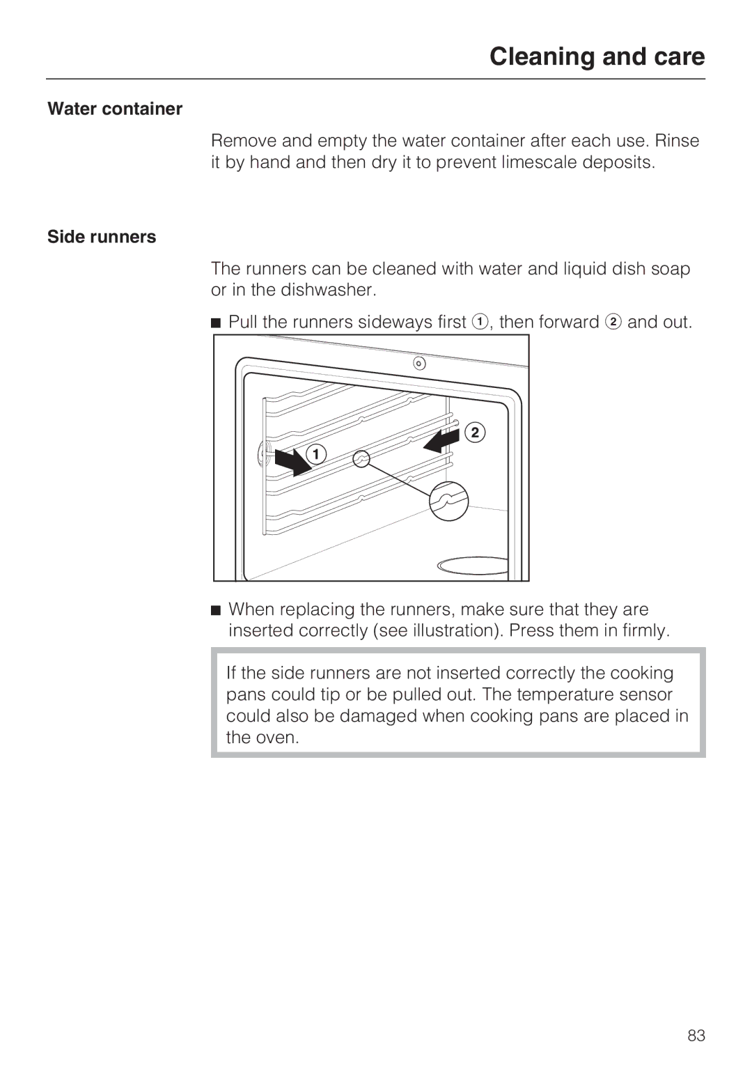 Miele 09 800 830 installation instructions Water container, Side runners 