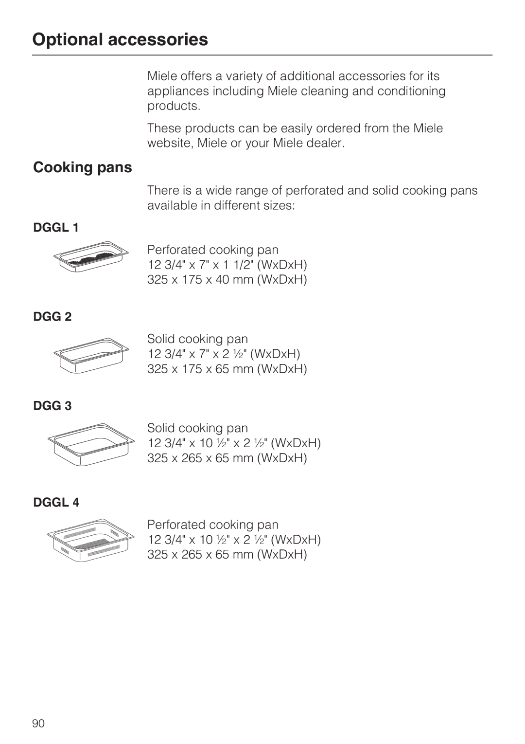 Miele 09 800 830 installation instructions Optional accessories, Cooking pans 