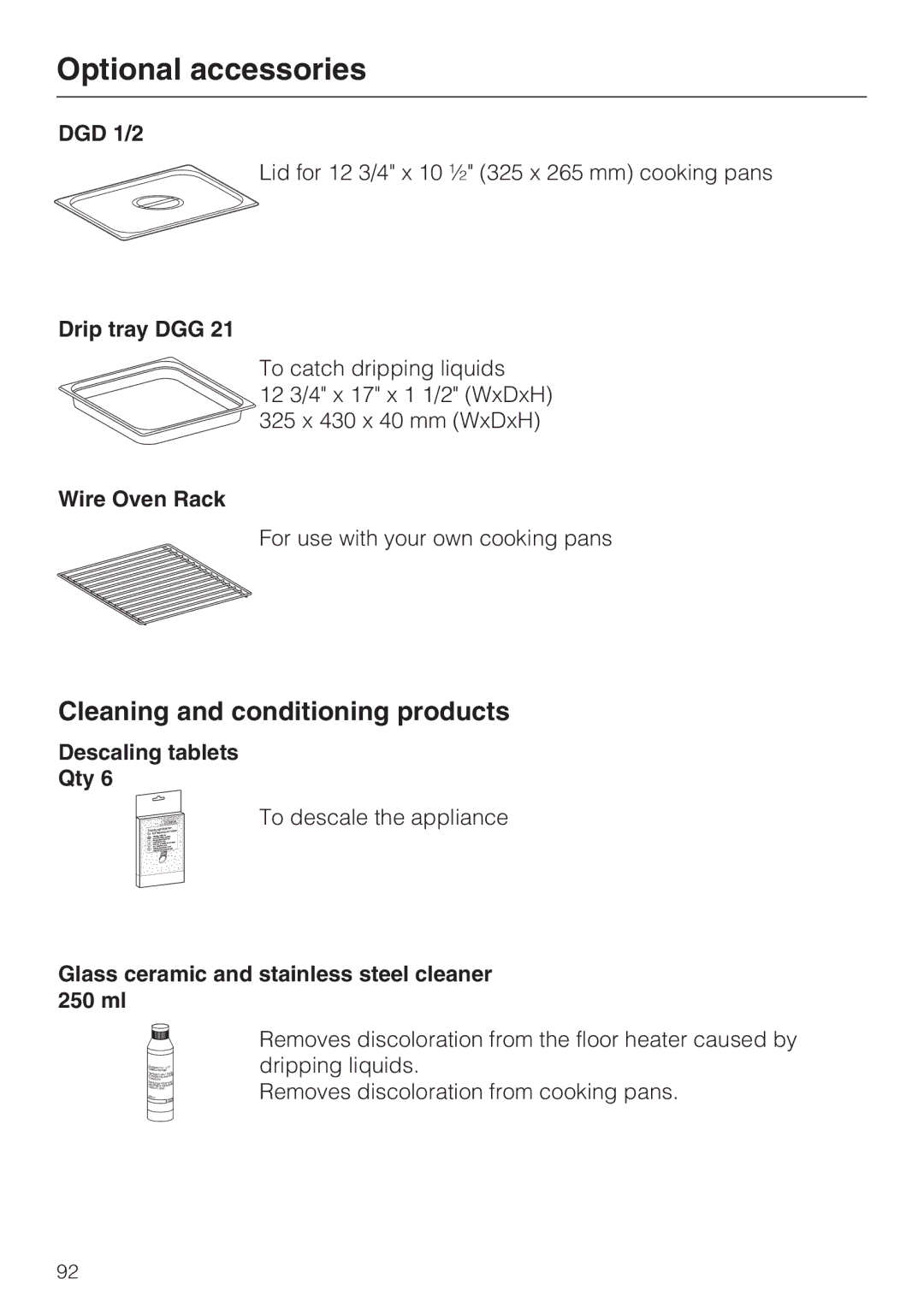 Miele 09 800 830 installation instructions Cleaning and conditioning products, DGD 1/2, Descaling tablets Qty 