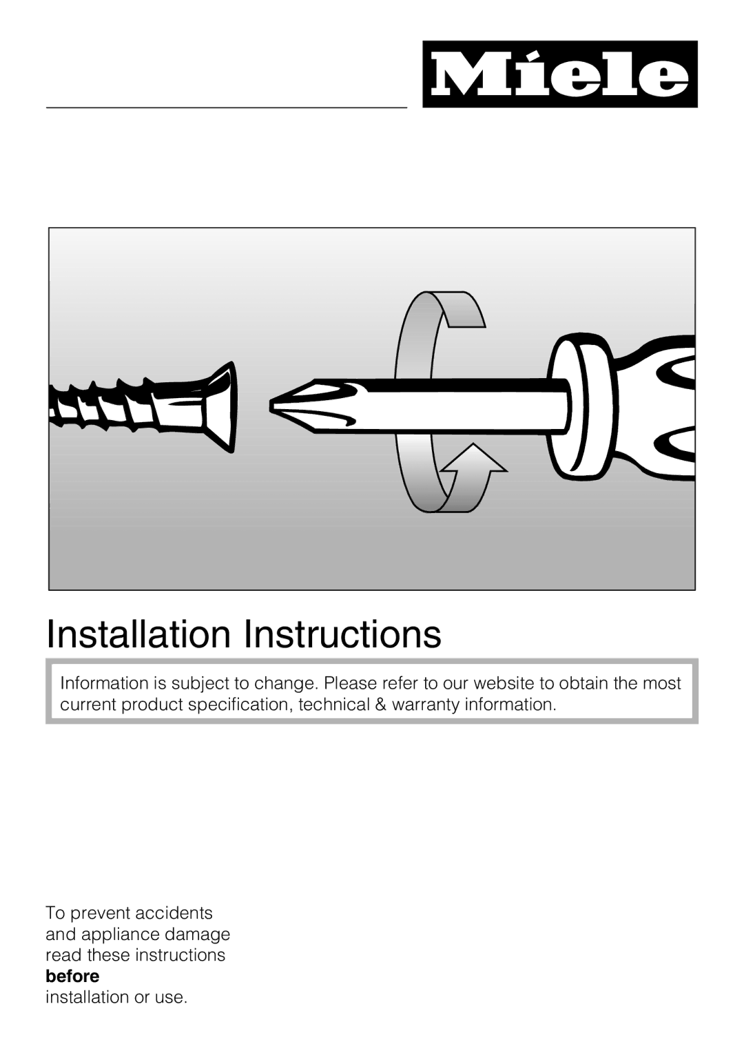 Miele 09 800 830 installation instructions Installation Instructions 