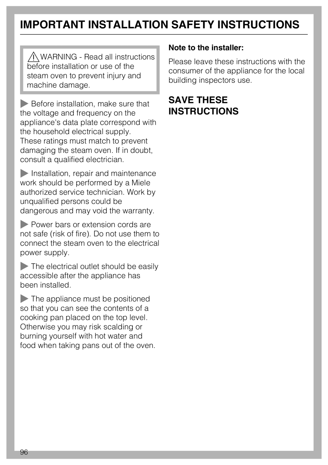 Miele 09 800 830 installation instructions Important Installation Safety Instructions 