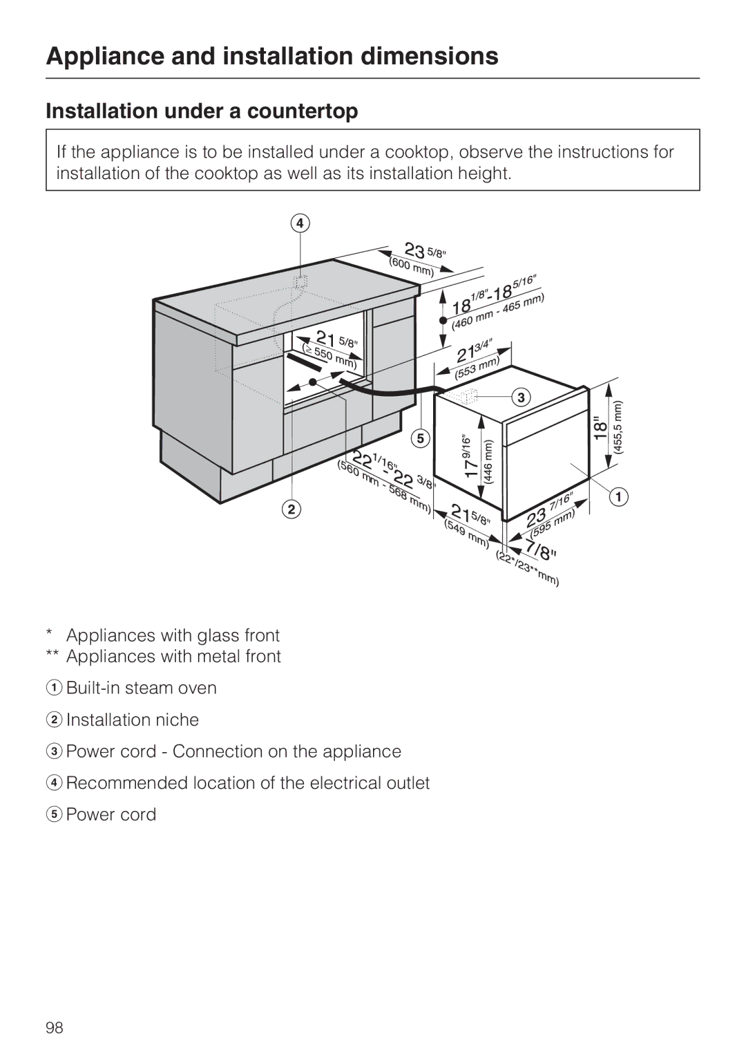 Miele 09 800 830 installation instructions Installation under a countertop 