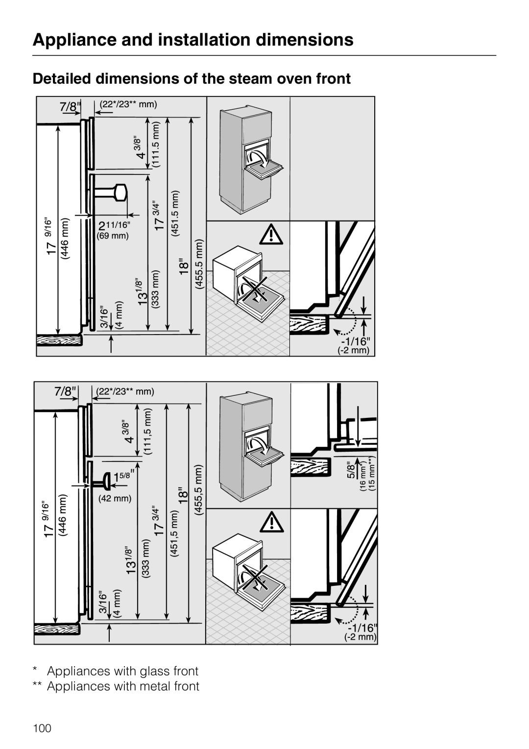 Miele 09 800 830 Detailed dimensions of the steam oven front, Appliance and installation dimensions 