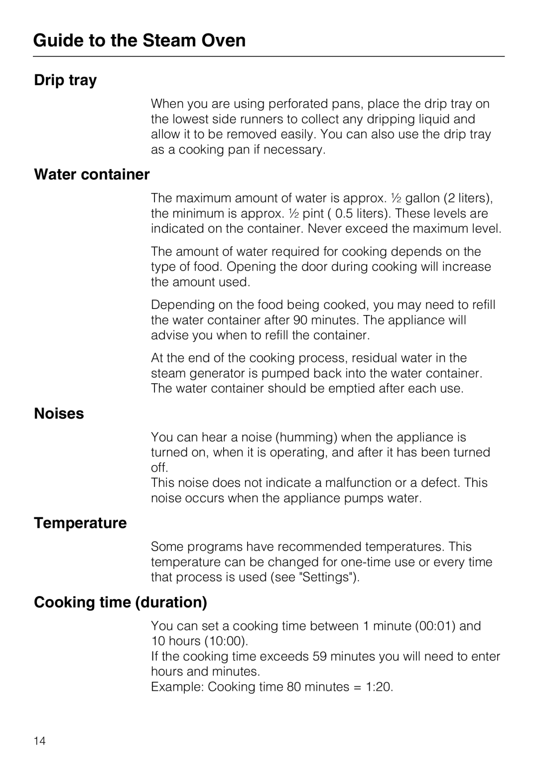 Miele 09 800 830 Drip tray, Water container, Noises, Temperature, Cooking time duration, Guide to the Steam Oven 