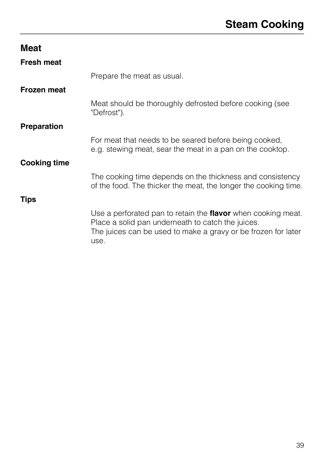 Miele 09 800 830 installation instructions Meat, Steam Cooking, Fresh meat, Frozen meat, Preparation, Cooking time, Tips 