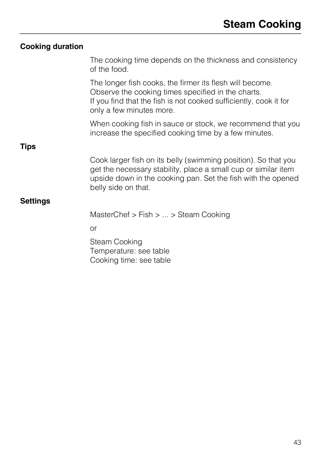 Miele 09 800 830 installation instructions MasterChef Fish ... Steam Cooking or 