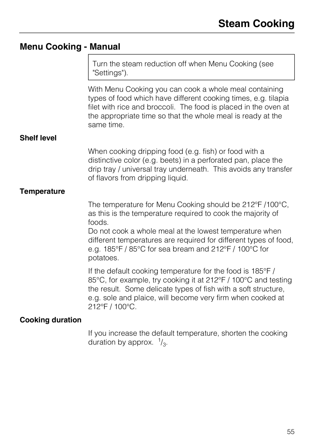 Miele 09 800 830 installation instructions Menu Cooking - Manual, Steam Cooking, Shelf level, Temperature, Cooking duration 