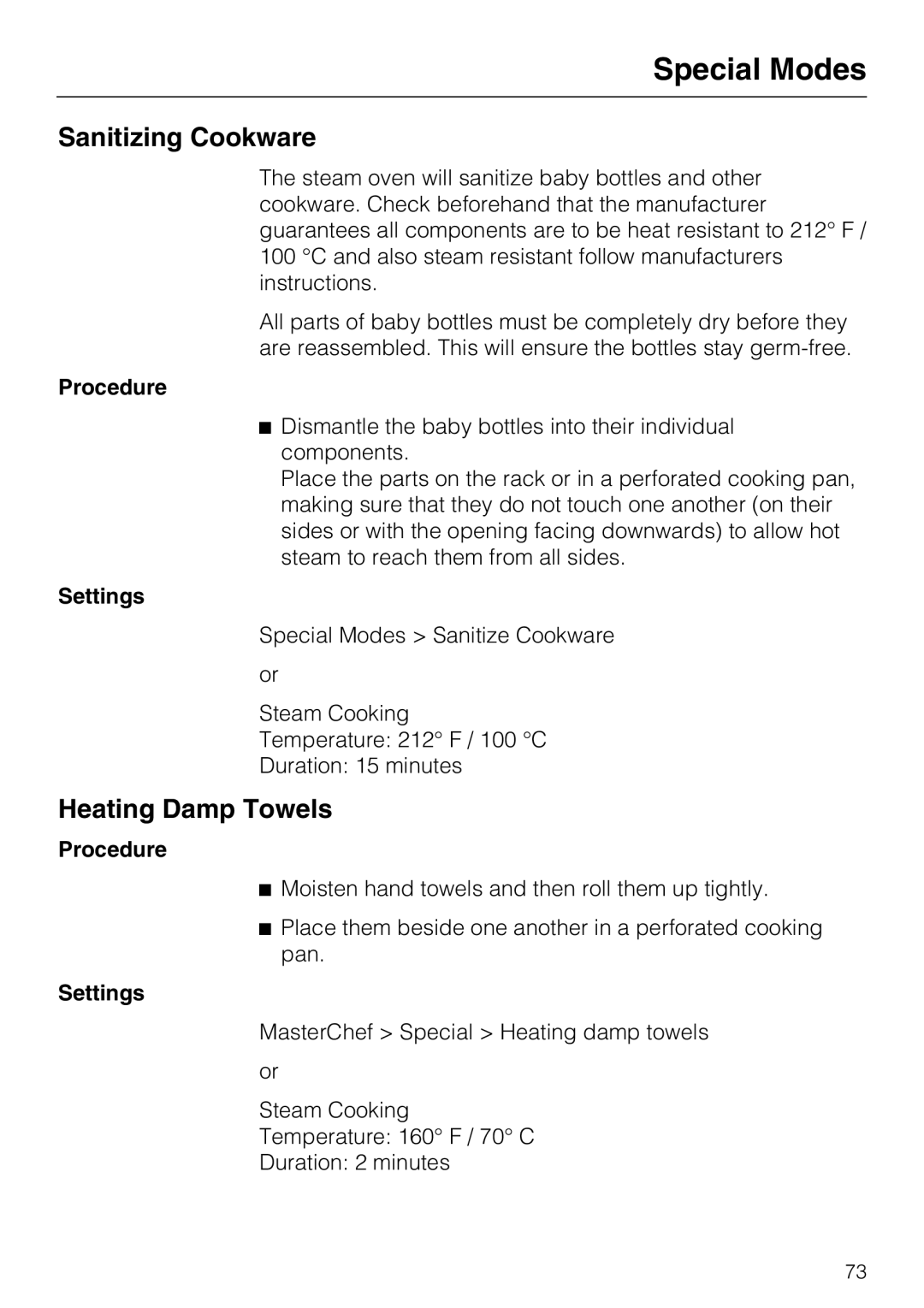 Miele 09 800 830 installation instructions Sanitizing Cookware, Heating Damp Towels, Special Modes 