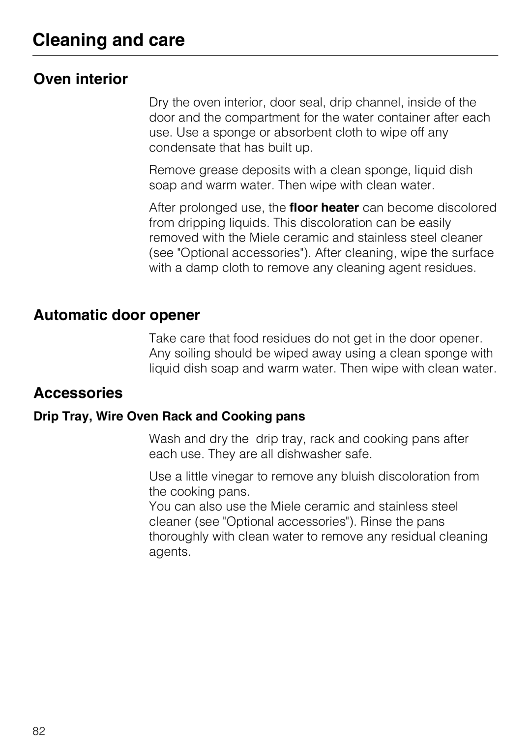 Miele 09 800 830 installation instructions Oven interior, Automatic door opener, Accessories, Cleaning and care 