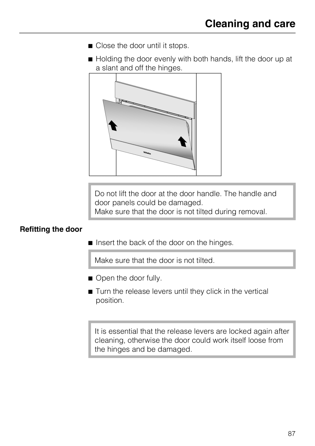 Miele 09 800 830 installation instructions Cleaning and care, Refitting the door 