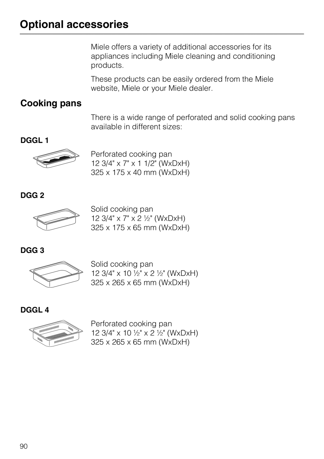 Miele 09 800 830 installation instructions Optional accessories, Cooking pans 