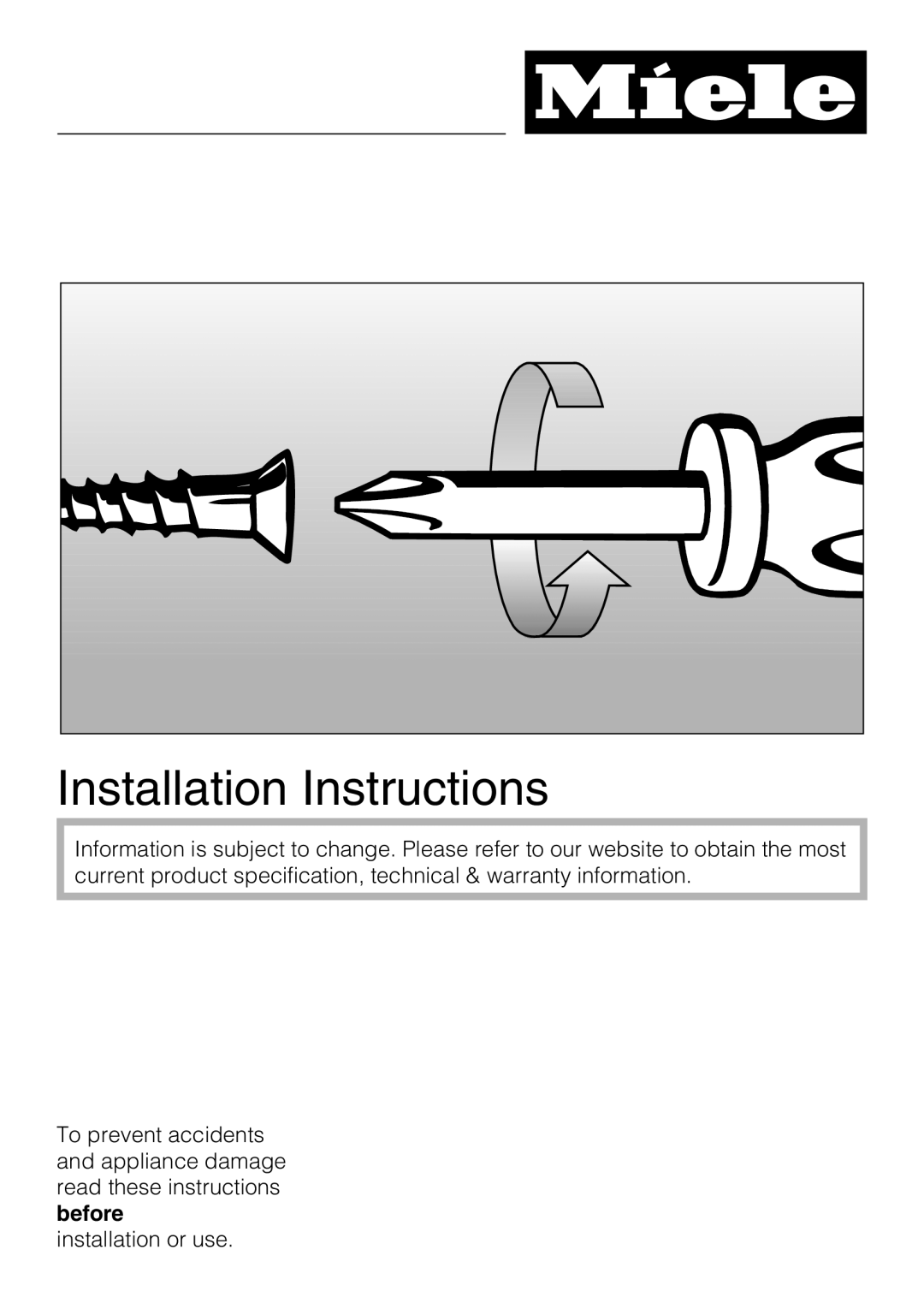 Miele 09 800 830 installation instructions Installation Instructions 
