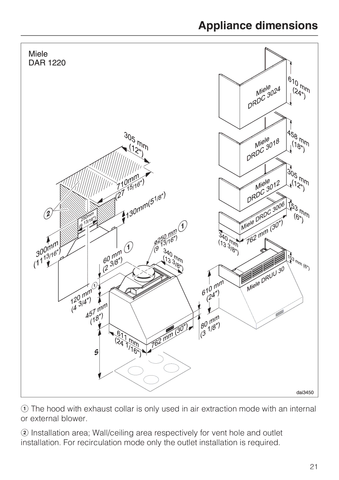 Miele 09 824 260 installation instructions Appliance dimensions 